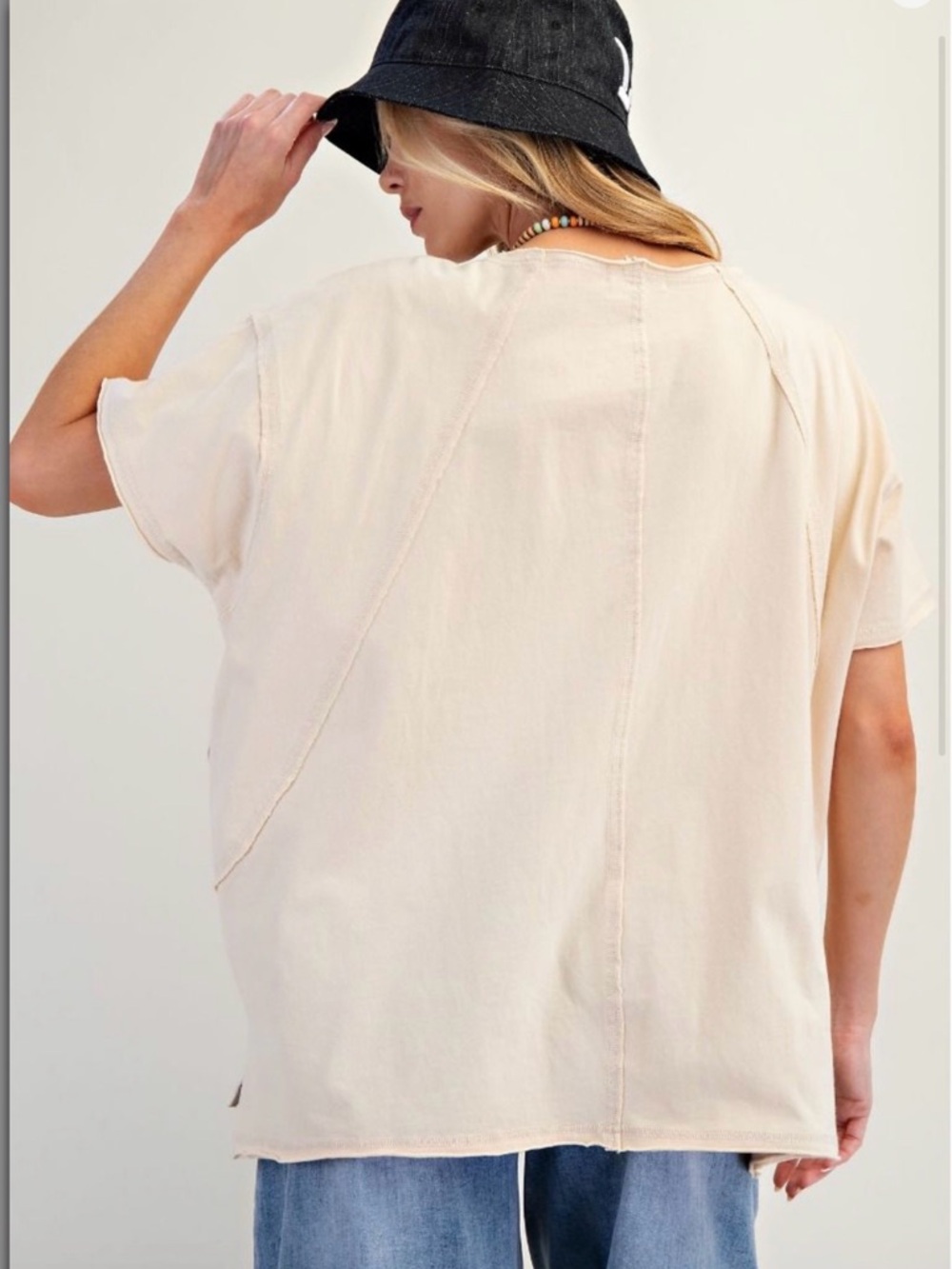 Easel Cream Short Sleeve Tee with Pink Floral Patch Plus Size - Picture 5 of 6
